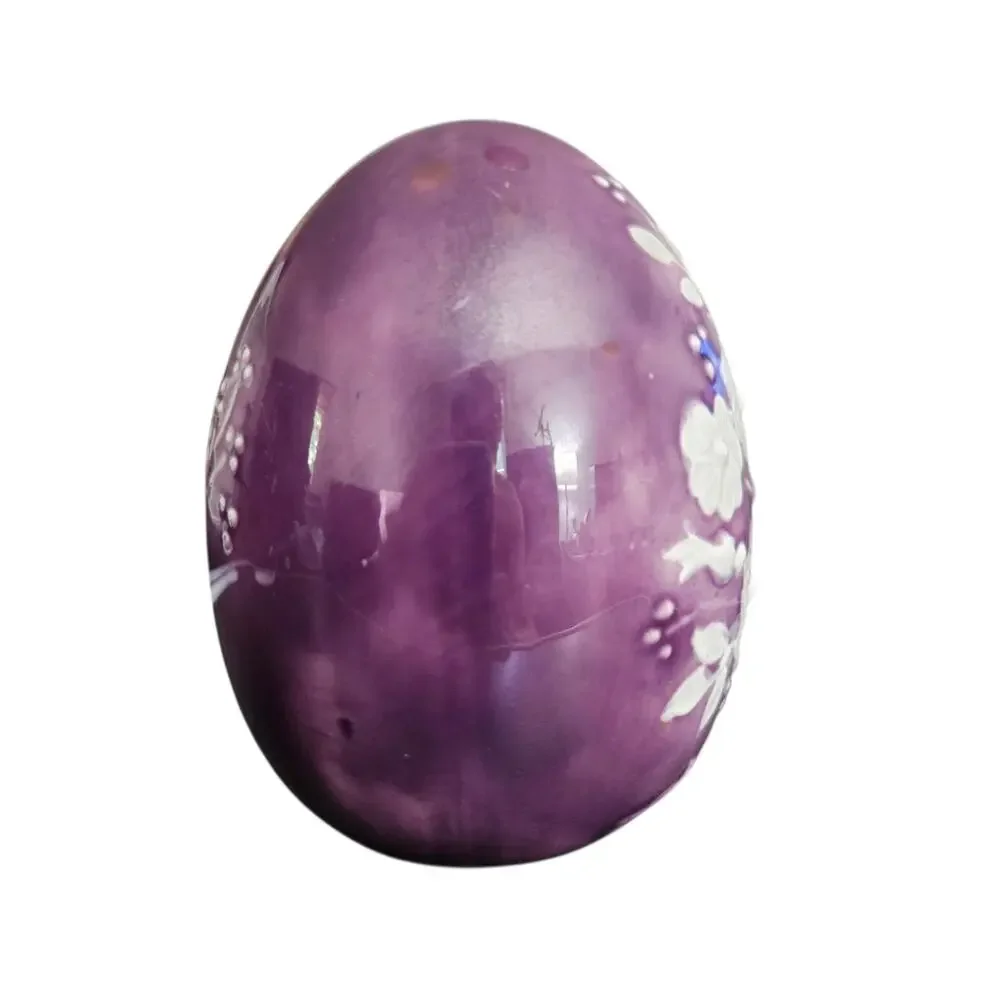 Vintage Hand Painted Purple Ceramic Floral Decorative Egg Figurine